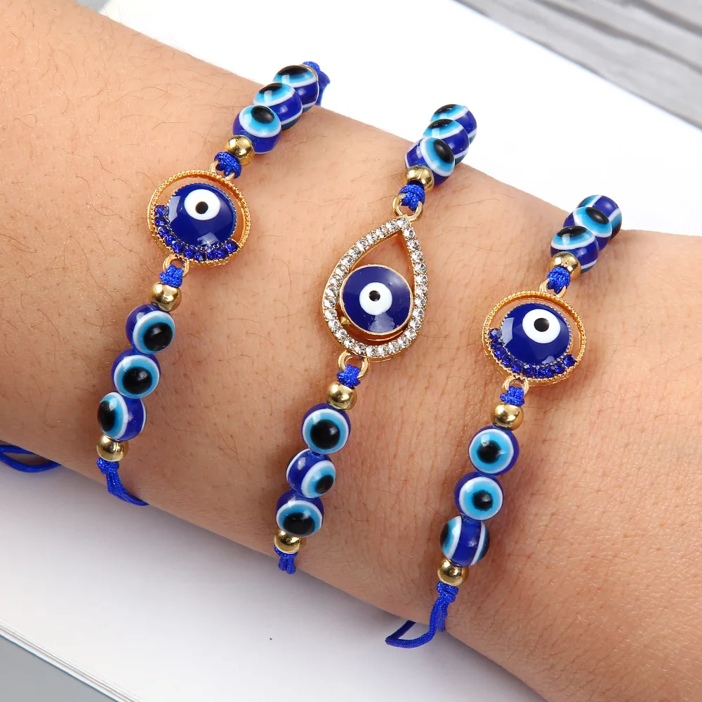 12 Pcs/Lot Lucky Blue Beaded Turkish Evil Eye Alloy Rhinestone Bracelet  Women Men Adjustable Braided Rope Vintage Jewelry Gifts