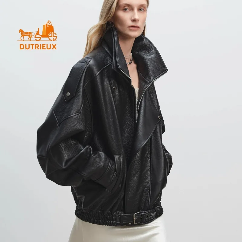 Giacca invernale in pelle con colletto a doppio strato in pelle di agnello da donna, cappotto in pelle confortevole con temperamento resistente al 100% vera pelle di pecora,