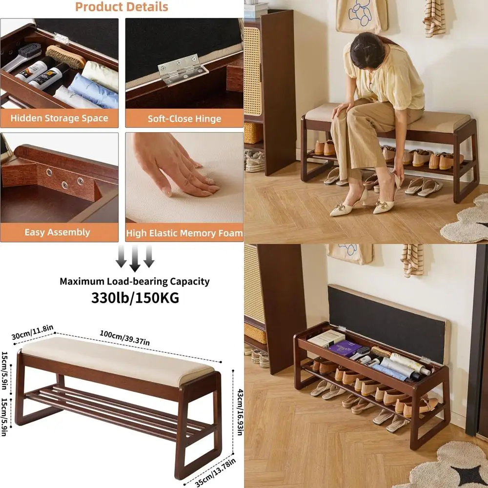 2-Tier Wooden Shoe Rack Bench with Cushion and Flip-Top Storage, 39.37 Entryway Shoe Organizer in Walnut