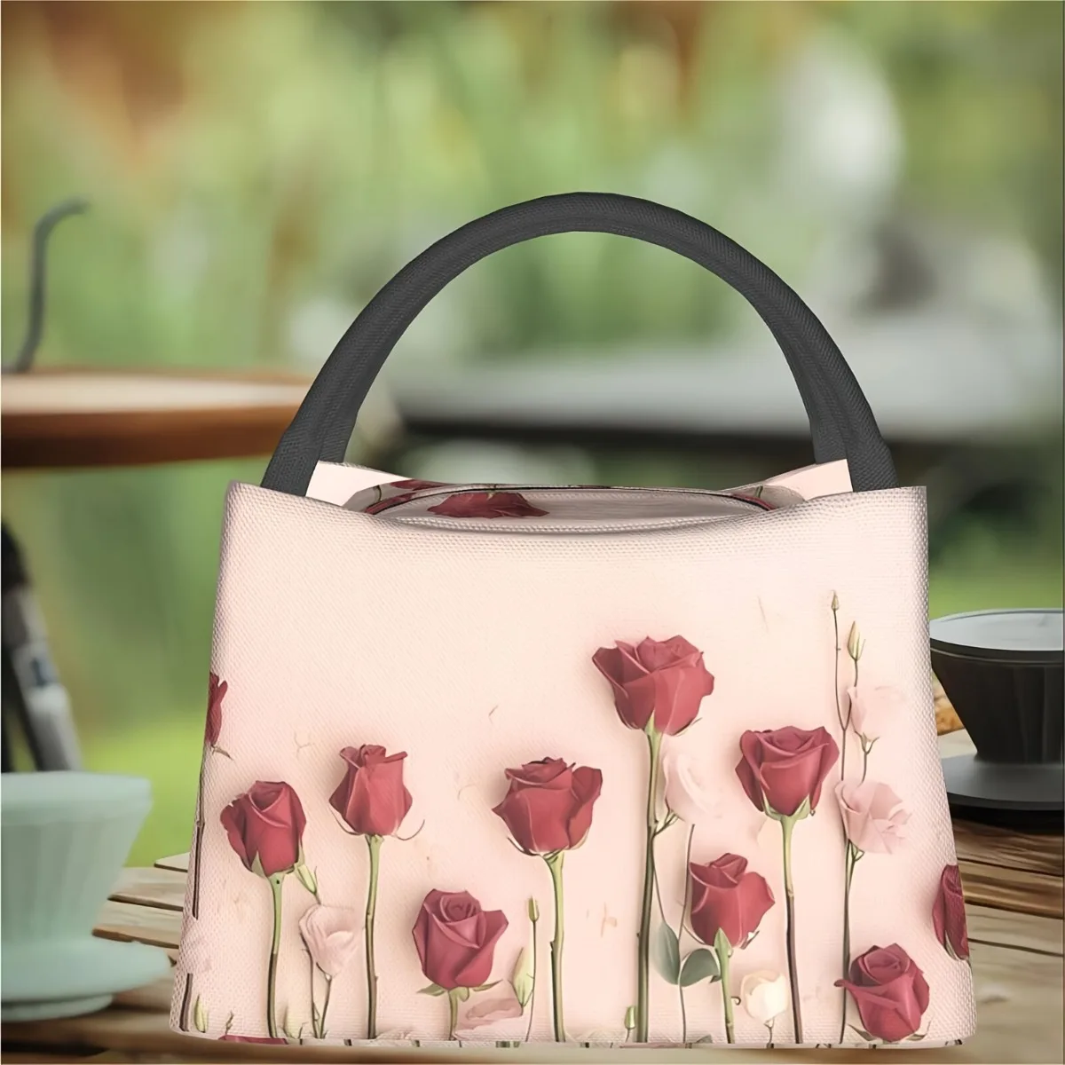 Floral Insulated Lunch Bag - Reusable, Leak-Proof Cooler Tote With Pink Roses & Green Foliage Design For Work, Picnic, Beach