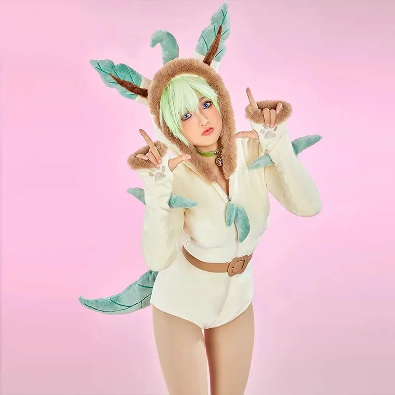 Kostium Cosplay Anime Leafeon 2025 Damski Pluszowy Kombinezon z Kapturem Skarpetki Strój Króliczka Słodka Kreskówkowa Piżama Flanelowa Sexy