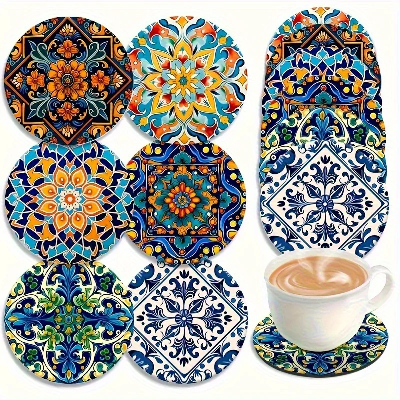 2D Vibrant Mandala Blossom Motif Wooden Cup Mat Surface Guard Dining Pub Cafe Tearoom Workplace Ornament Housewarming Gift