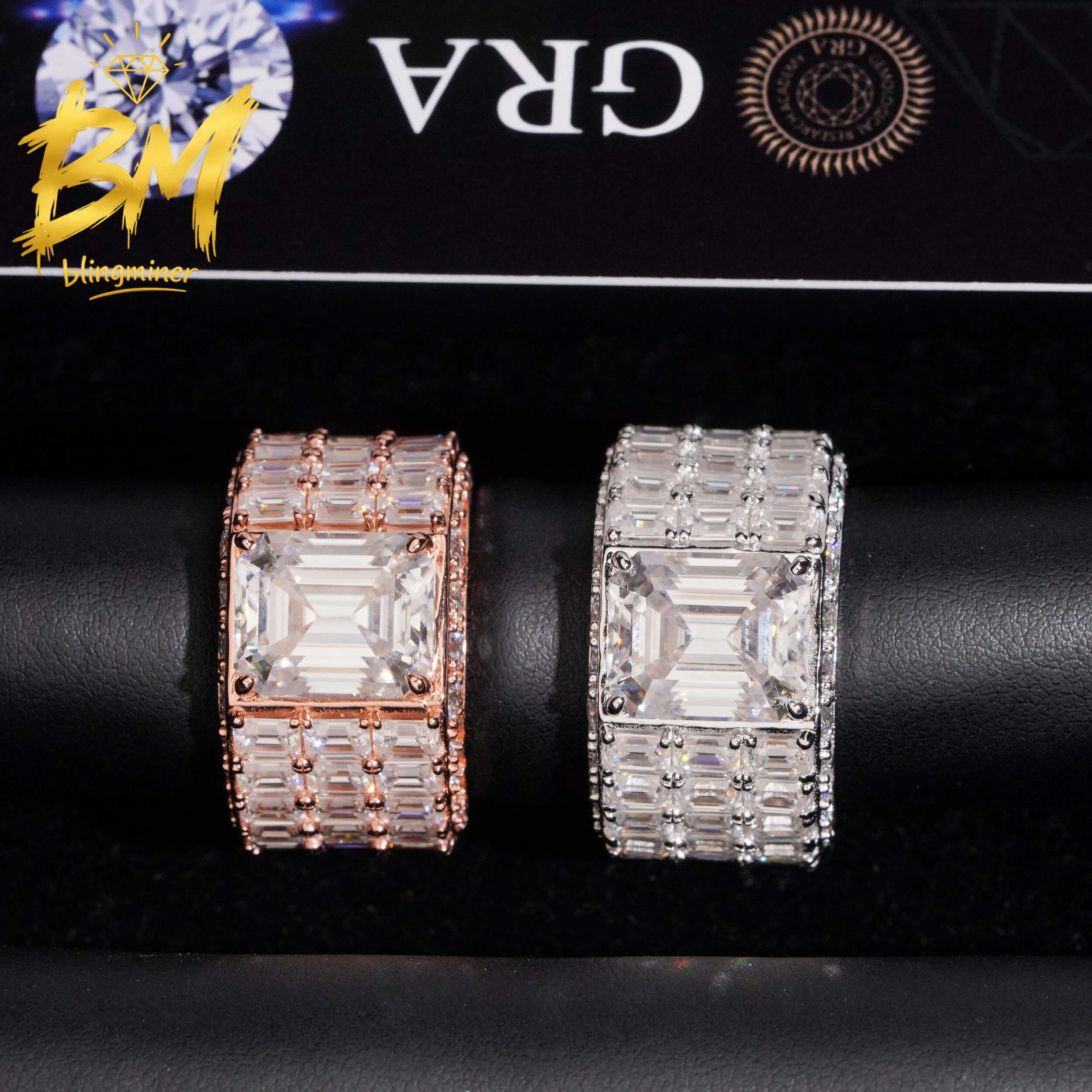 Blingminer Emerald Cut 8ct VVS Moissanite Rings For Men Women S925 Silver Finger Jewelry Pass Diamonds Tester Free Shipping
