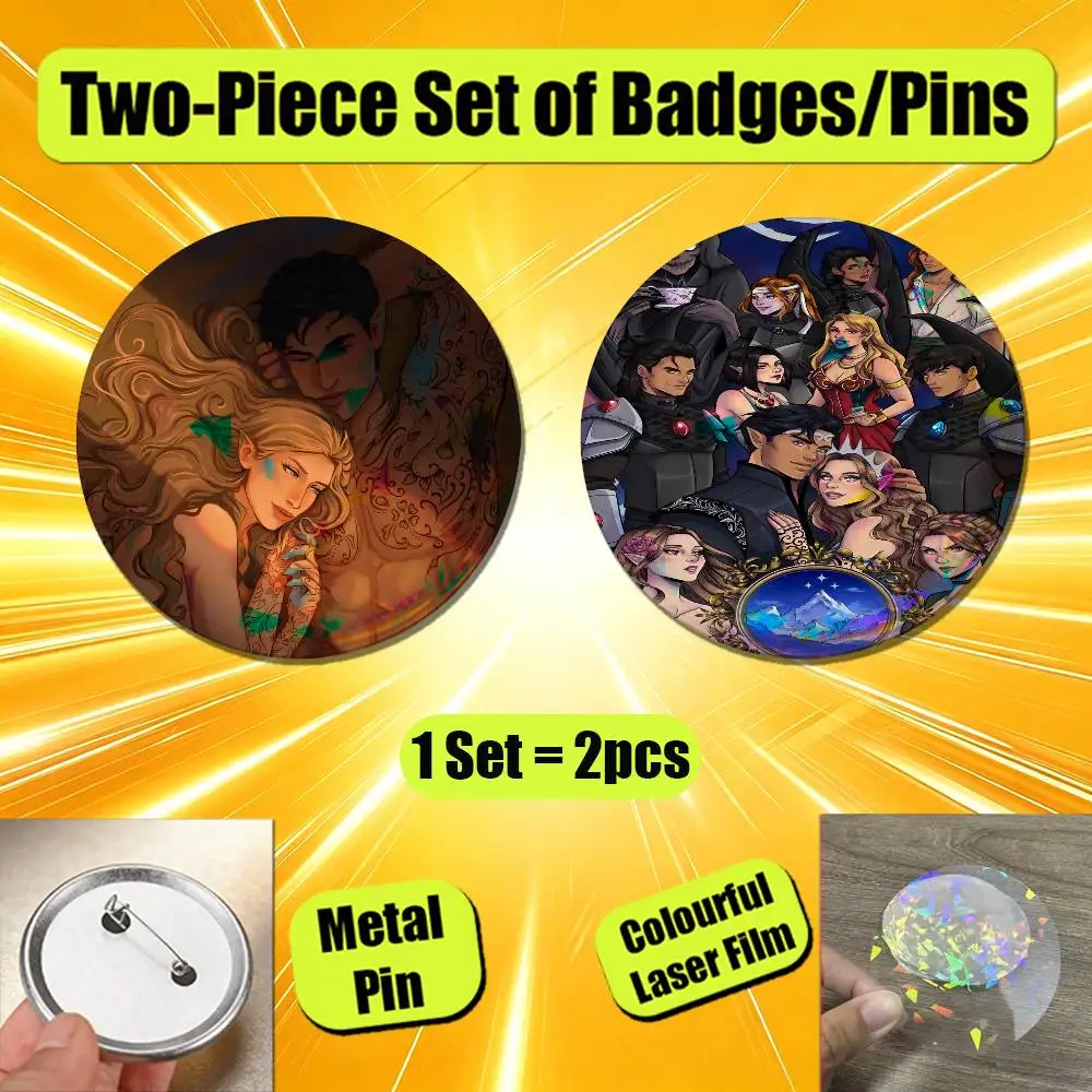 For Acotar A Court of Mist And Fury Badge Pin Insignia 2 Pcs Set Round Button Emblem Laser Film Cosplay 25mm Custom