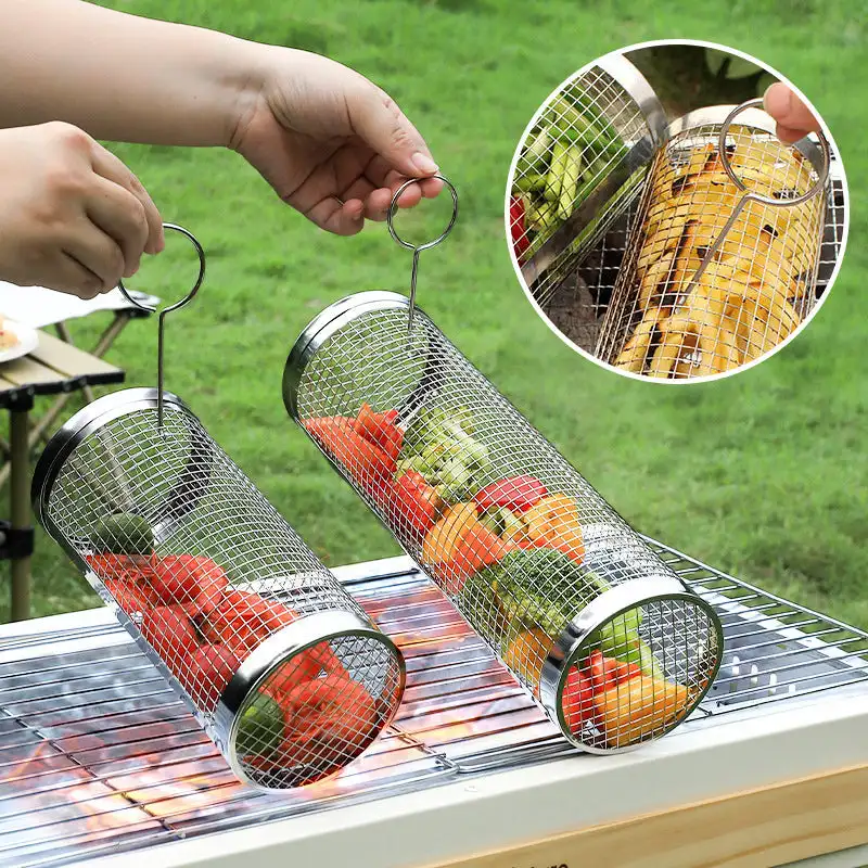 

BBQ Basket Stainless Steel Rolling Grilling Basket Wire Mesh Cylinder Cylindrical Portable Round Outdoor Camping Barbecue Rack