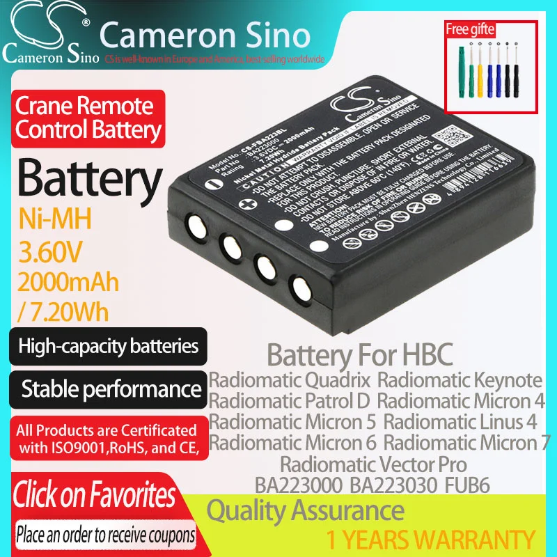 CameronSino Battery for HBC Radiomatic Quadrix Keynote Patrol D Micron 4 Micron 5 fits HBC BA223000 Crane Remote Control battery