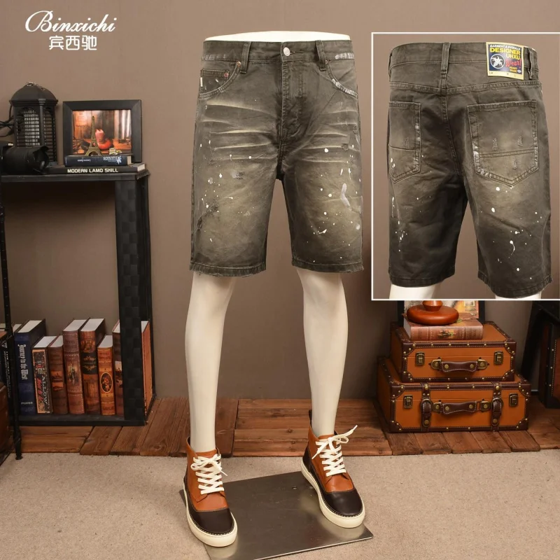 Men's Denim Shorts 2026 Summer American Style Heavyweight Vintage with Torn Paint Pattern, Loose, Straight, Versatile, Daily Cas