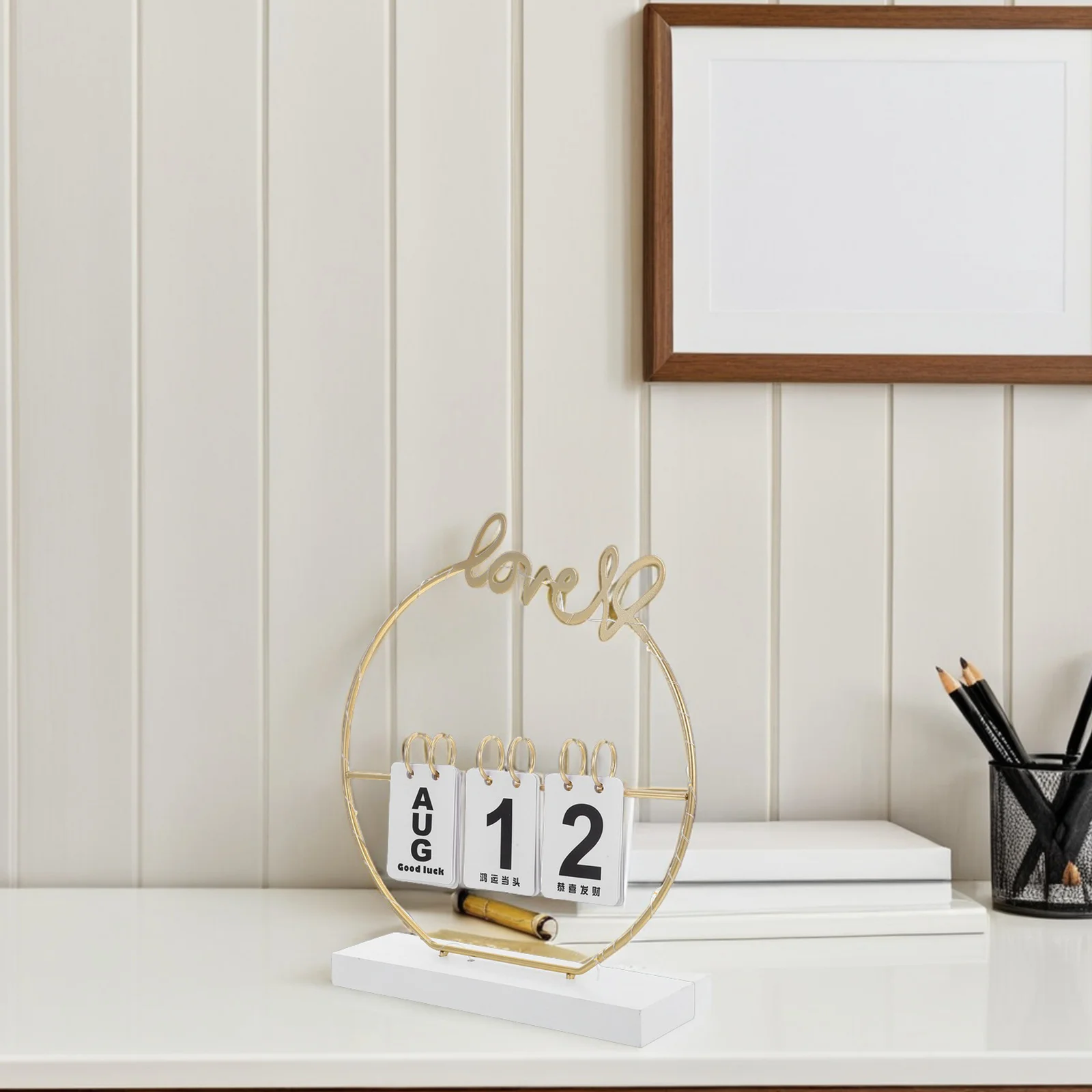 

Wooden Perpetual Desktop With Light Flip For Home Office Decor Study Organization Vintage Style Reusable Standing
