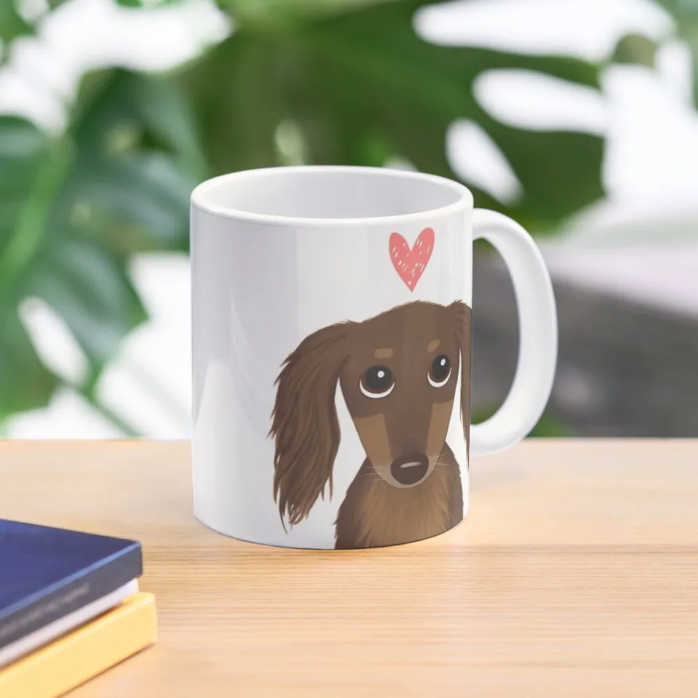 

Longhaired Chocolate Dachshund | Cute Wiener Dog with Heart Coffee Mug Anime Cups Cups For Tea Cups For And Tea Mug