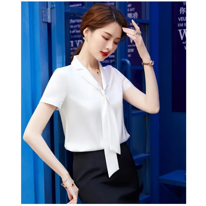 

Women's Acetate Satin Shirt Light Blue Loose Thin V-neck Fashion Summer New Short Sleeve Formal Office Blouse Work Silk Tops