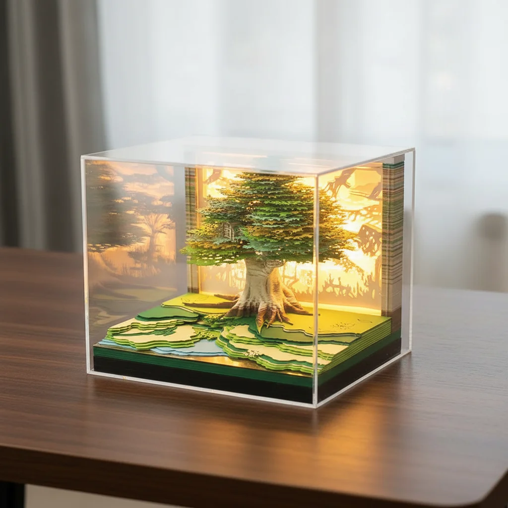 2027 Luminous English Calendar 3D Hand Torn Notebook Paper Carving Treehouse Design Creative Desktop Decoration Ornaments