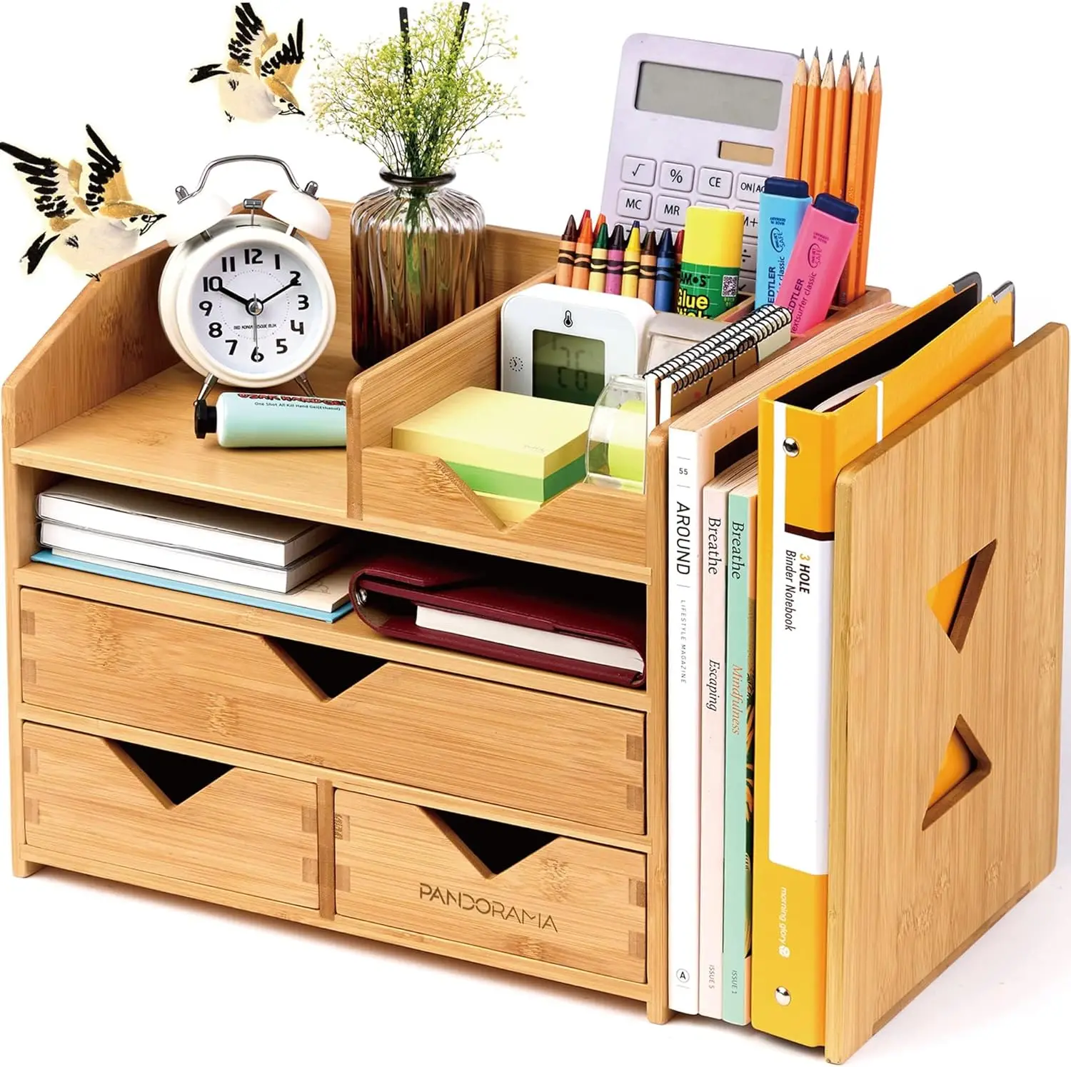 

Bamboo Desk Organizer with A4 Drawers & Adjustable File Holder, Fully Assembled Wood Desktop Storage for Office