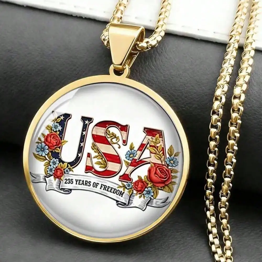 "USA 235 Years Of Freedom" Patriotic Pendant Necklace, Unisex, Gold Plated, Floral American Flag Print, Daily Wear & Holiday Jewelry