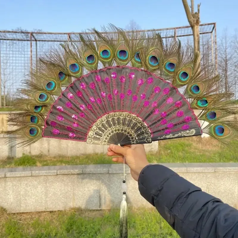 Peacock Folding Fan Embroidery Sequin Folding Fan Dance Hand Fan with Pendant Gifts Wedding Party Decoration
