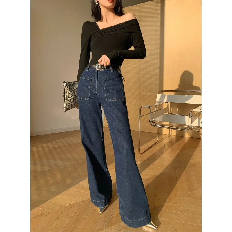 Hong Kong Style Retro Blue Denim Vest Sleeveless Tops Suit Female Summer High Waist Wide-Leg Bell-Bottoms Pants Two-Piece Set