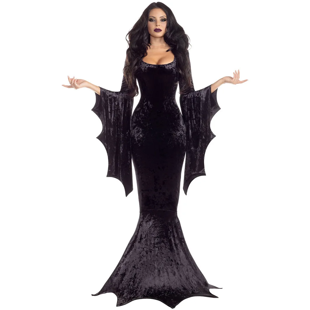 

S-XL Halloween Bat Witch Ghost Bride Costume Gothic Witch Vampire Masquerade Long Dress Performance Outfit