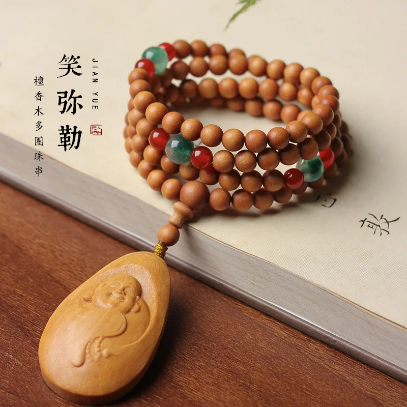 

UMQ Sandalwood 0.6 Wooden DIY Chinese Zen Beads Bracelet With Maitreya Buddha Pendant Rosary Necklace Men And Women