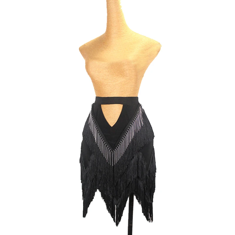 New Latin Dance Skirt Women Black Dense Tassel Skirs Adult Cha Cha Rumba Samba Dance Practice Clothes Performance Wear DNV18802