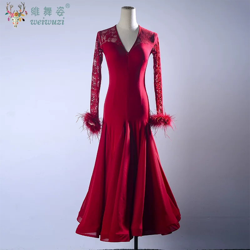 Ballroom Dance Performance Costume for Women Waltz Tango Dance Hall Competition Dress Lace Sleeves Slim Fit Long Sleeved Dresses