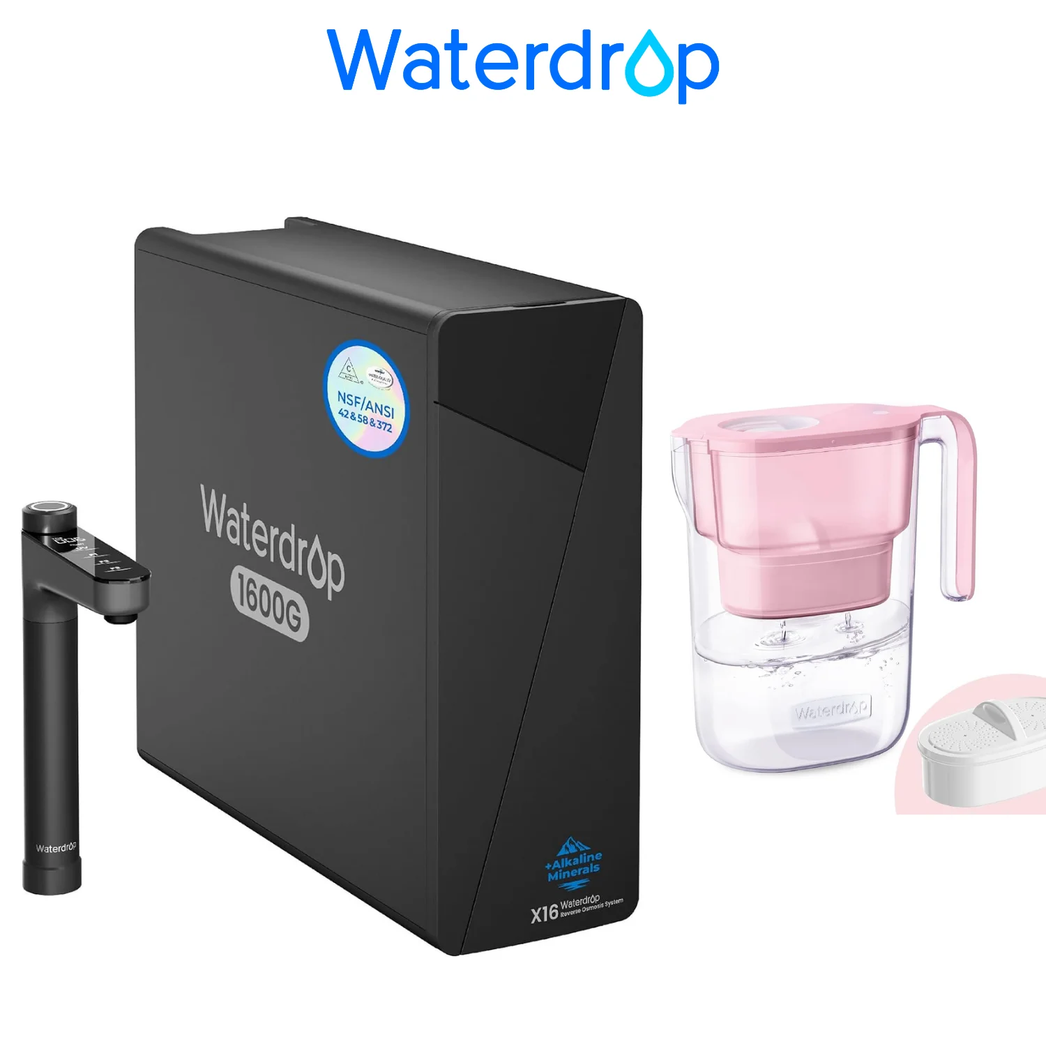 Waterdrop X16 Reverse Osmosis System, Alkaline Mineral, 1600 GPD, Including Waterdrop Water Filter Pitcher with 1 Filter