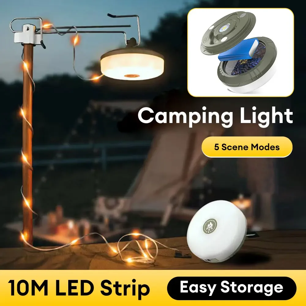 

USB Rechargeable Camping Light Outdoor Tent Light XTE Flashlight with Magnet Hook 10 Meter Light Strip (warm Light+RGB)