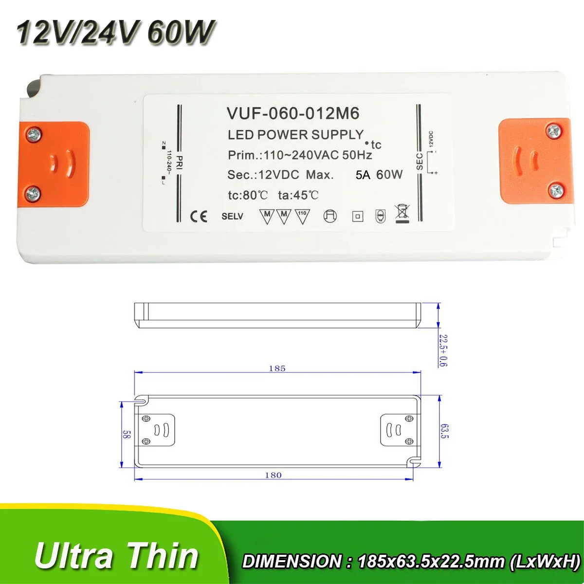 110-220V AC alimentatore LED ultrasottile DC12V/24V 6W 12W 30W 60W trasformatore Driver LED illuminazione a LED adattatore a tensione costante