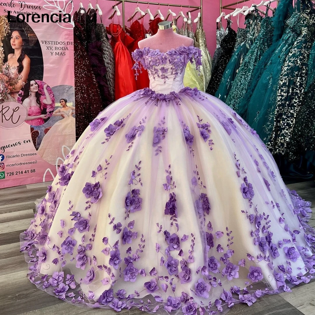 

Lorencia Mexican Quinceanera Dress Ball Gown Shiny Purple 3D Floral Applique Beaded Corset Sweet 16 Vestidos De 15 Años YQD869