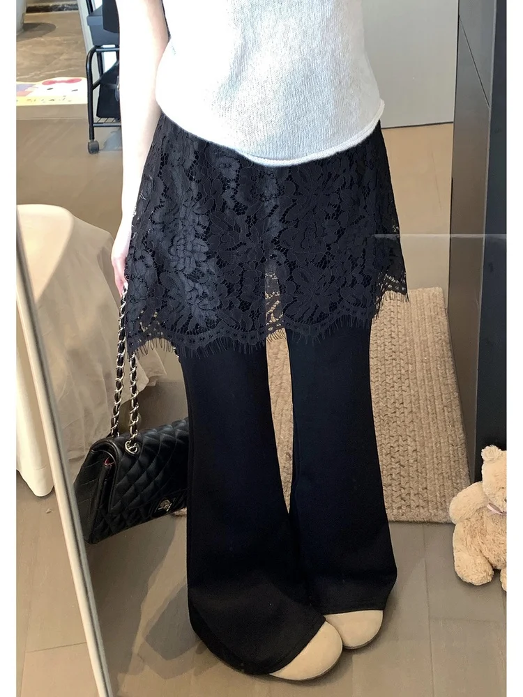 High Waist Lace Patchwork Flared Casual Pants Women's Spring 2026 New Style Elegant Slimming False Two-Piece Long Trousers