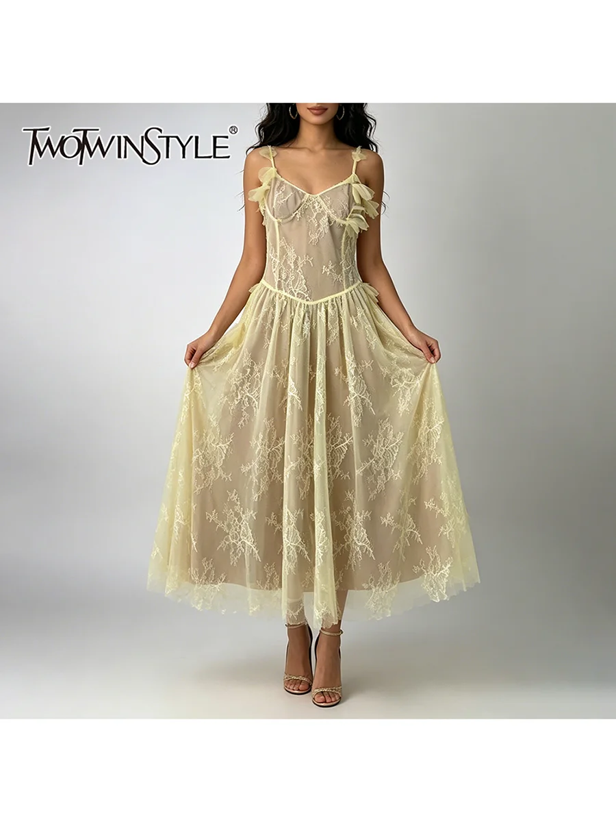 

TWOTWINSTYLE Patchwork Mesh Lace Dresses for Women Square Collar Sleeveless High Waist Elegant A Line Dress Female Fashion 2026