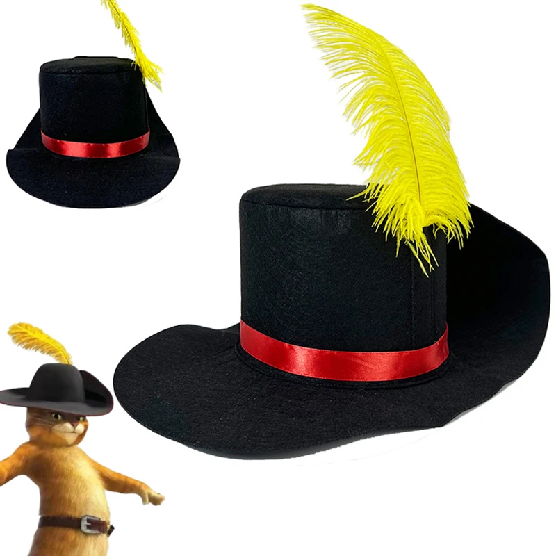 

New Movie Puss Cosplay In Boots Cat Cosplay Hat Adult Cap With Feather Costume Accessories Child Roleplay Halloween Suit Props