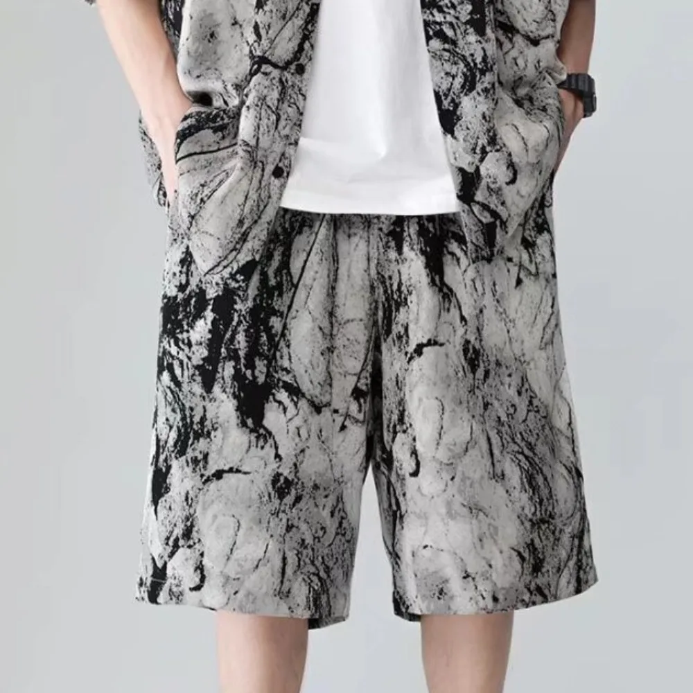 Men Sets Short Sleeve Tie-dye Printing Loose Pockets Single Breasted Wide Leg Korean Style Leisure Knee-length Breathable Summer image 5