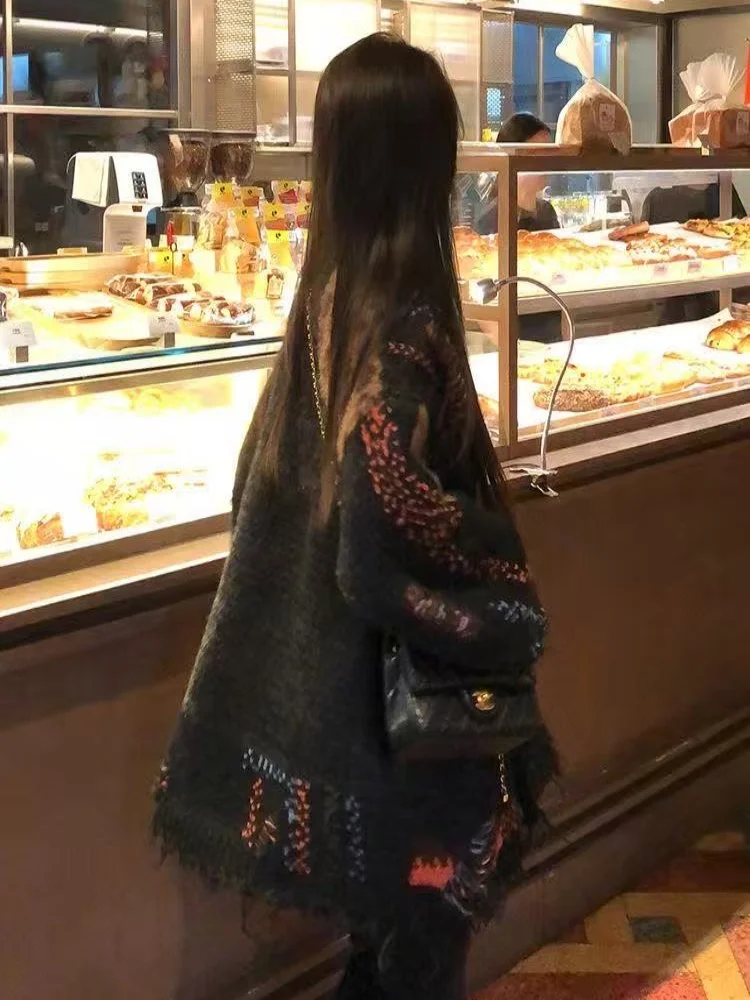 Herbst Winter Thiened Lose frauen Pullover Strickjacke Colion Farbe Leopard Print Faul Sle Gebrochene Quaste Oberbekleidung