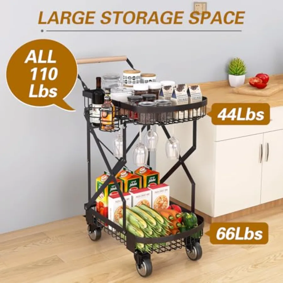 Chariot de courses pliable à 2 niveaux pour épicerie, avec roues pivotantes à 360 degrés, robuste, multifonction, pliable