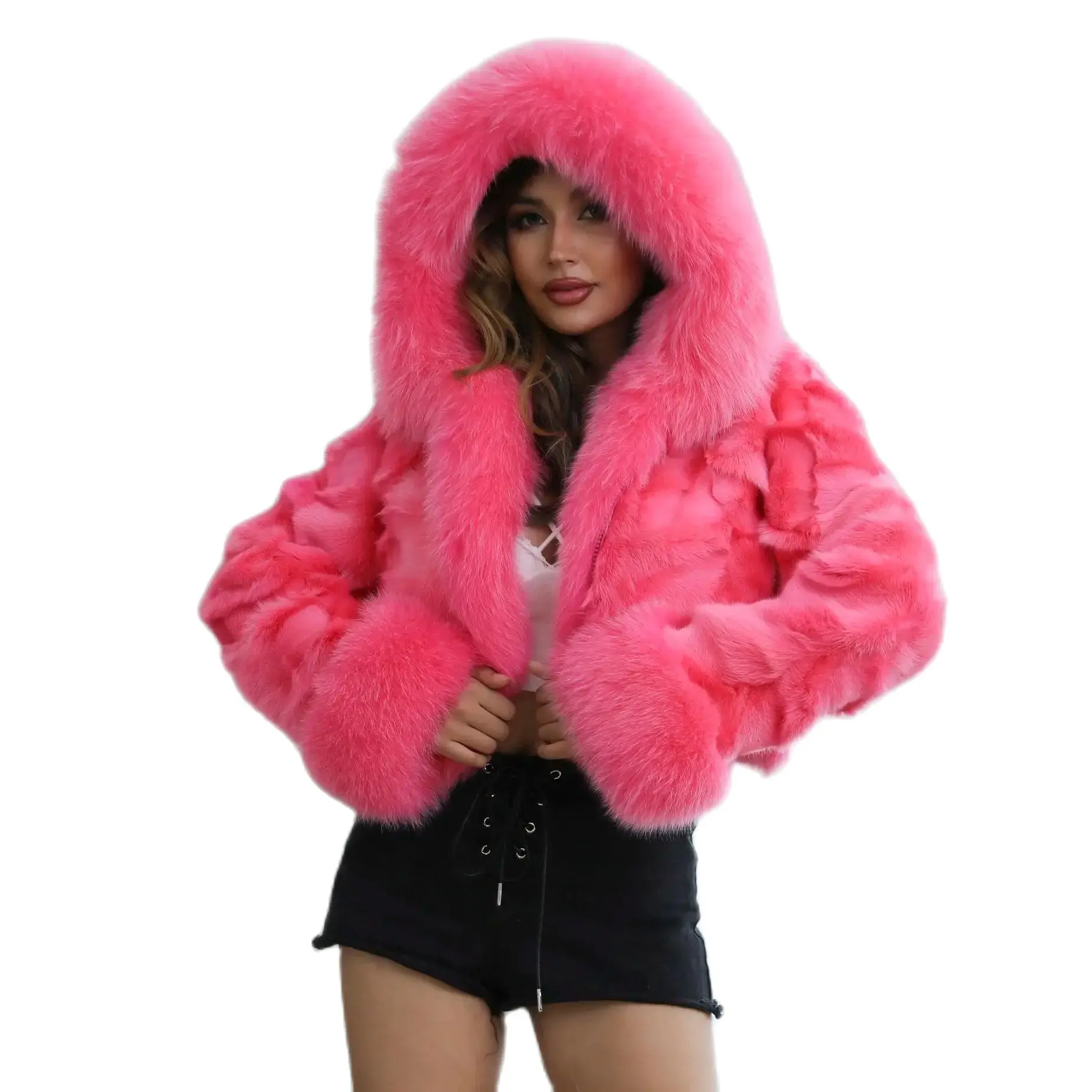 JANEFUR Real Fur Coat with Hood Women 2023 Luxury Fashion Short Plus Size Winter Natural Fox Fur Jacket