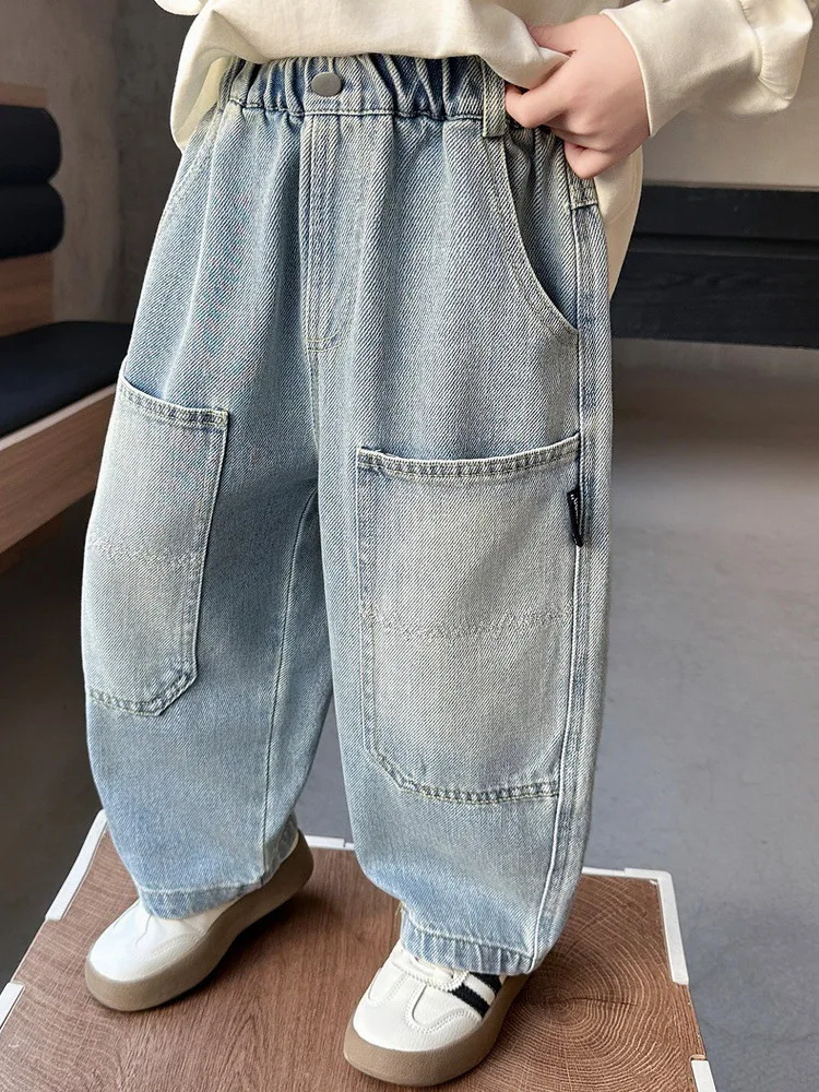 Autumn Kids Boys Jeans Patchwork Children big Pocket Pants Casual Mid Waist Fashion Teenagers Trousers 2-11Years Boy Denim Jeans
