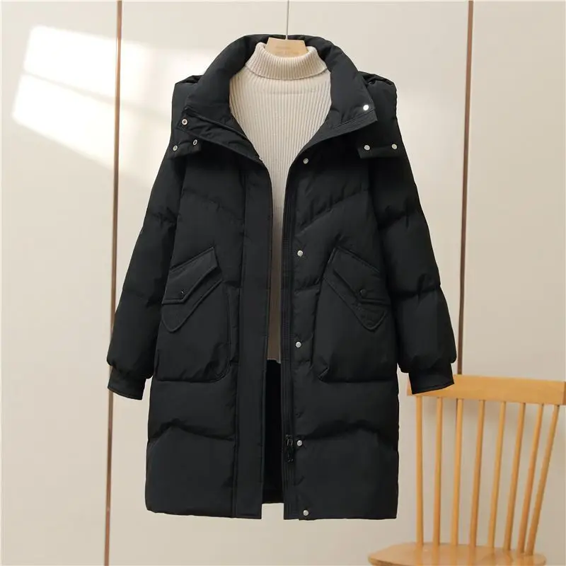 2025 New Winter Coat Women Down Padded Jacket Parkas Thick Detachable Cap Hooded Cotton Coats Black Casual Snow Outerwear Female