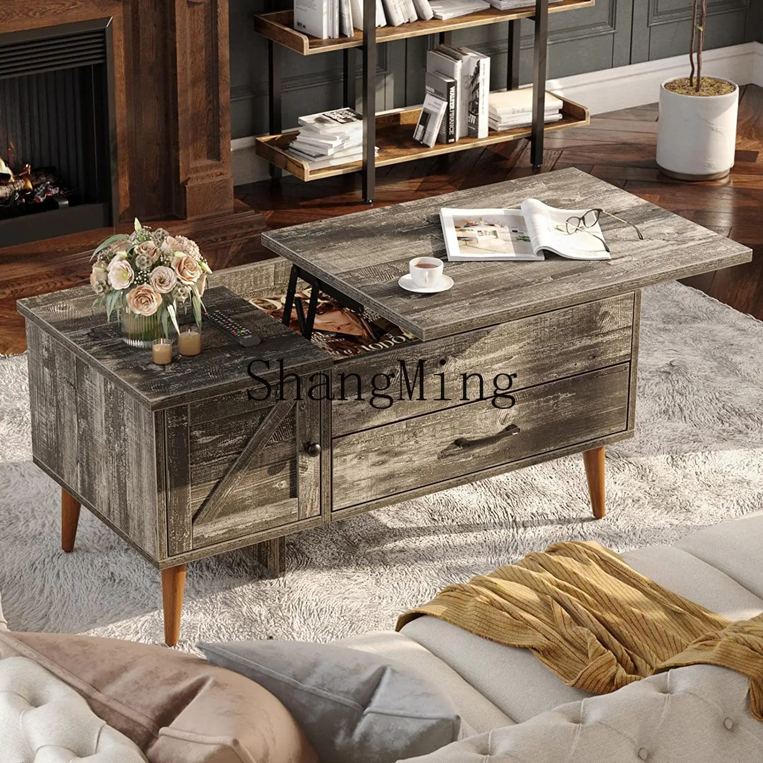 FG مساحة تخزين مفتوحة مكتب الشاي طاولة قهوة مزدوجة الأغراض، طاولة قهوة مستطيلة قديمة الرفع