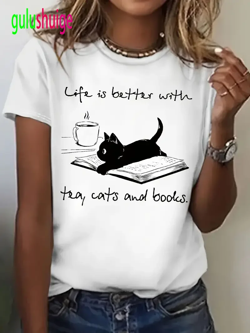 Damen-T-Shirt mit Katzen-Grafikdruck „Life Is Better with Tea Cats and Books“, Design, kurzärmeliges, lässiges Top-T-Shirt mit Rundhalsausschnitt