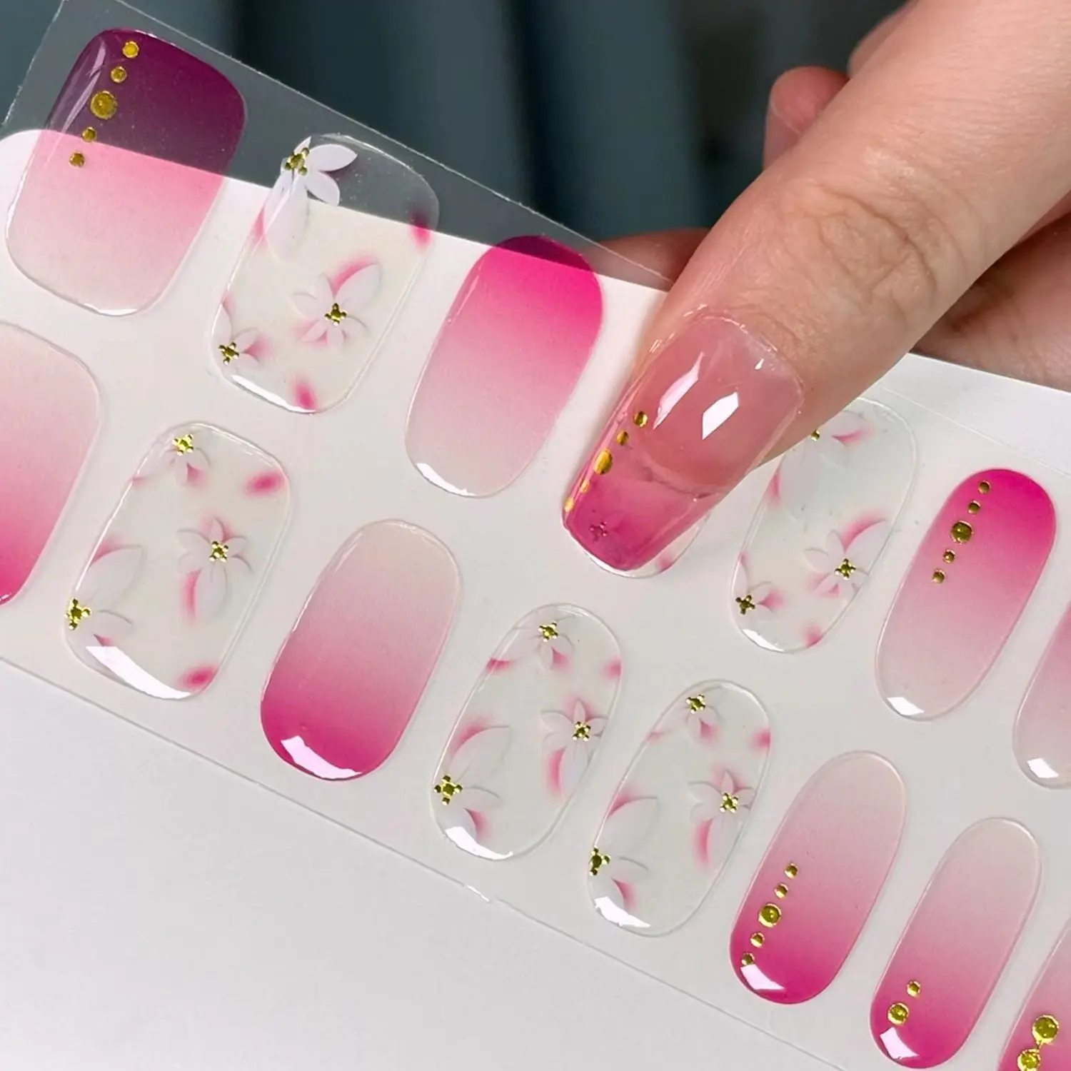 16Tips UV Free Semi Cured Gel Nail Strips Pink Gradient White Floral & Golden Bead Nail Wrap Decoration For Daily Dating Wedding