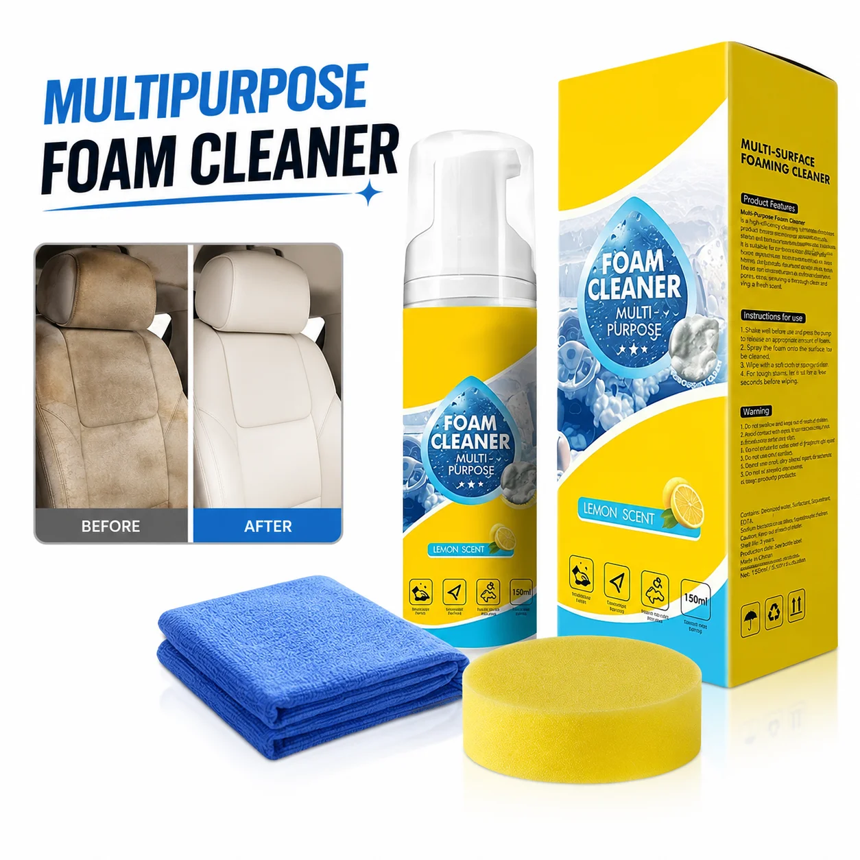 Multipurpose Car Interior Foam Cleaner for Leather Seats Fabric Roof White Shoes Neutral Stain Remover with Sponge Cloth