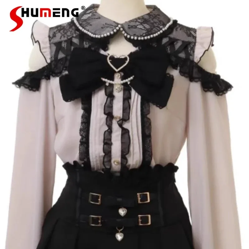 Japanese Style Liz Mine Lace Stitching Bow Pink Sweet Long-sleeved Shirt Ladies Autumn and Winter Loose Doll Collar Blouses Top