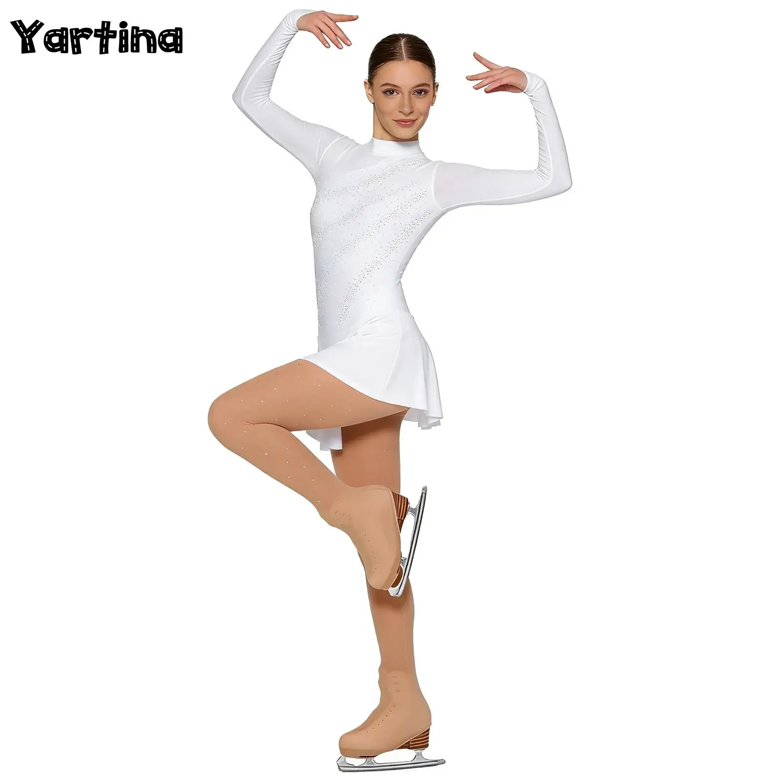 

Womens Rhinestone Gymnastics Figure Skating Ballet Lyrical Dance Dress Costume And Boot Cover Tights with Buckles at The Bottom