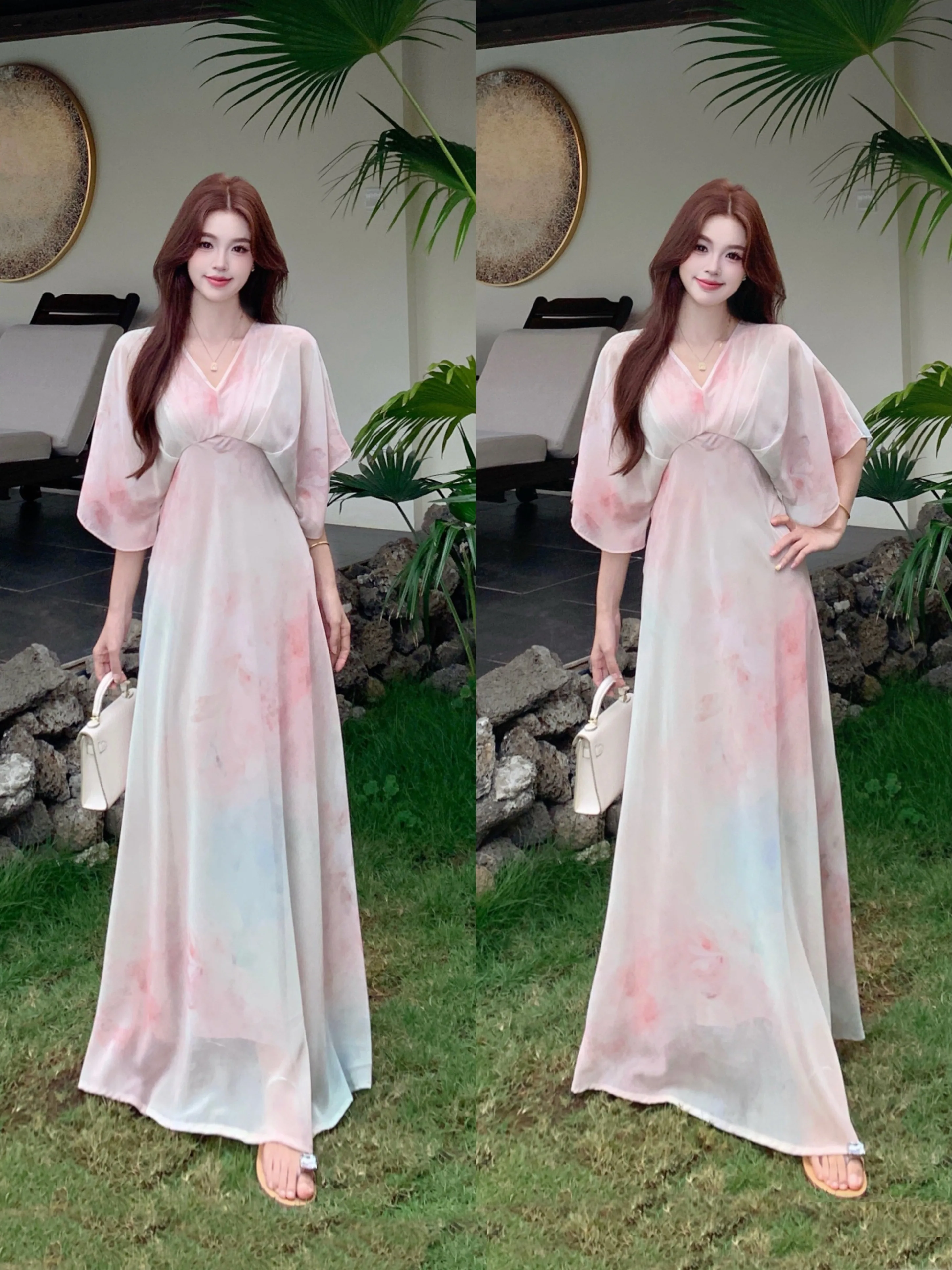 

Slimming Effectiveness V-Neck Dyeing Print Long Skirt for plus Size Women French Style Loose Fit Short Sleeve Chiffon Dress