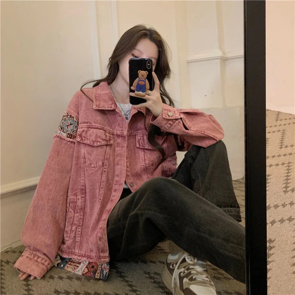 Fashion Pink Long Sleeve Denim Coat Unisex Vintage Style Slim Denim Jacket For Women Casual Sweet Cool Slim Jean Outerwear Tops