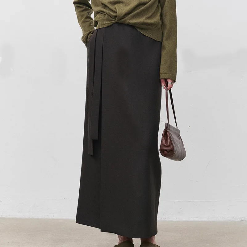 EAEOVNI Elegante Wollen Lange Rok Voor Vrouwen Lace-up Verzamelde Taille Effen Kleur Een Lijn Lange Rokken Mode 2026 nieuwe Kleding