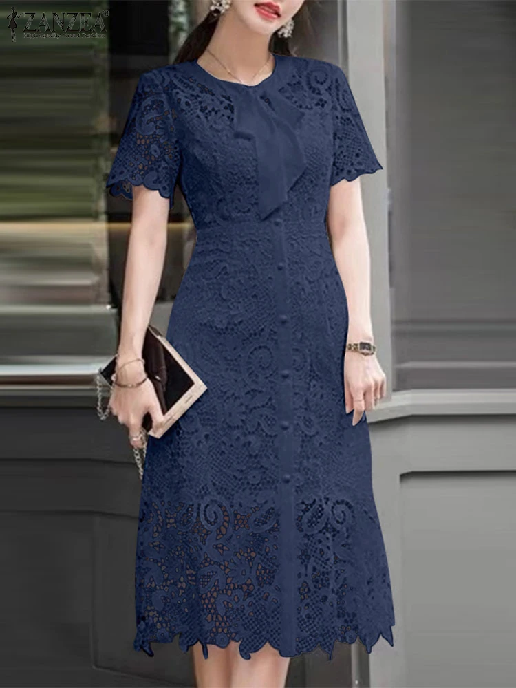

Elegant Lace Sundress 2025 ZANZEA Office Lady Dress Women Summer Bow Collar Short Sleeve Fashion Hollow Out Party Midi Vestidos