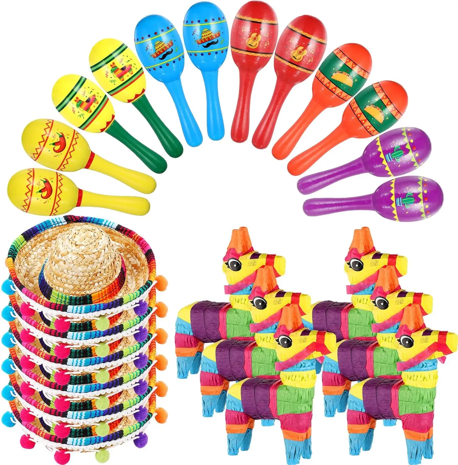 

24 Pcs Mexican Fiesta Decor - Mini Donkey Piñata, Maracas, Sombrero Hats for Cinco de Mayo, Birthday Party (Classic)