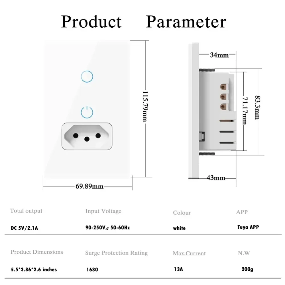 Melery-Tuya Brazil Włącznik światła, WiFi Smart Par 4) Wtyczka gniazda ściennego, Szklany panel gniazdka, Inteligentny za pomocą aplikacji Alexa Google Home