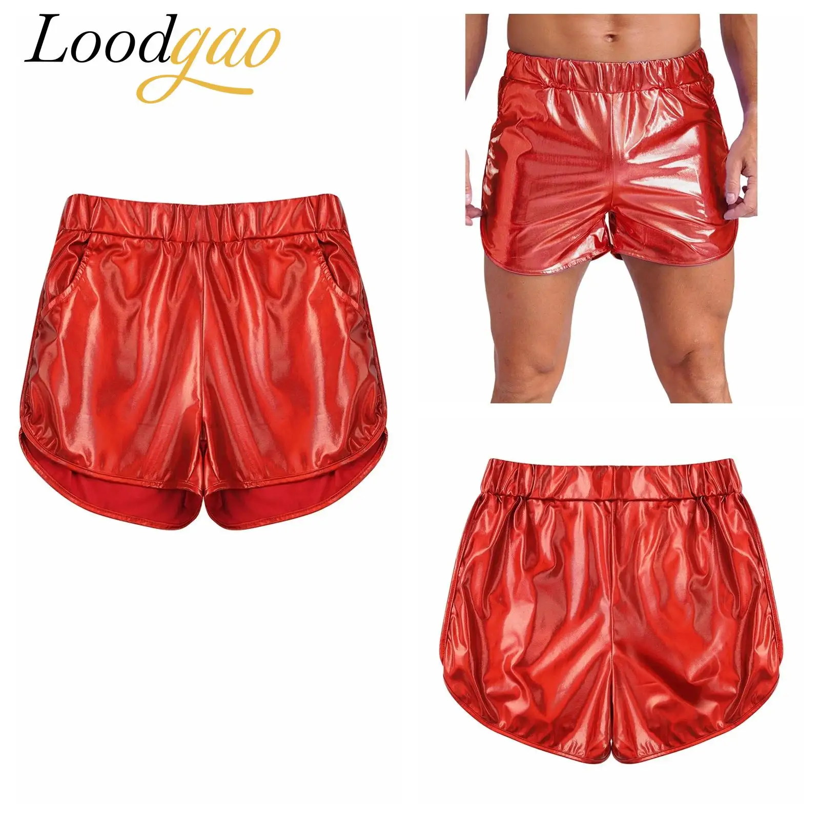 

Мужские блестящие шорты металлик с эластичной резинкой на талии, короткие брюки, голографическая клубная одежда, узкие шорты, шорты, костюм для ночного клуба, рейв-наряды