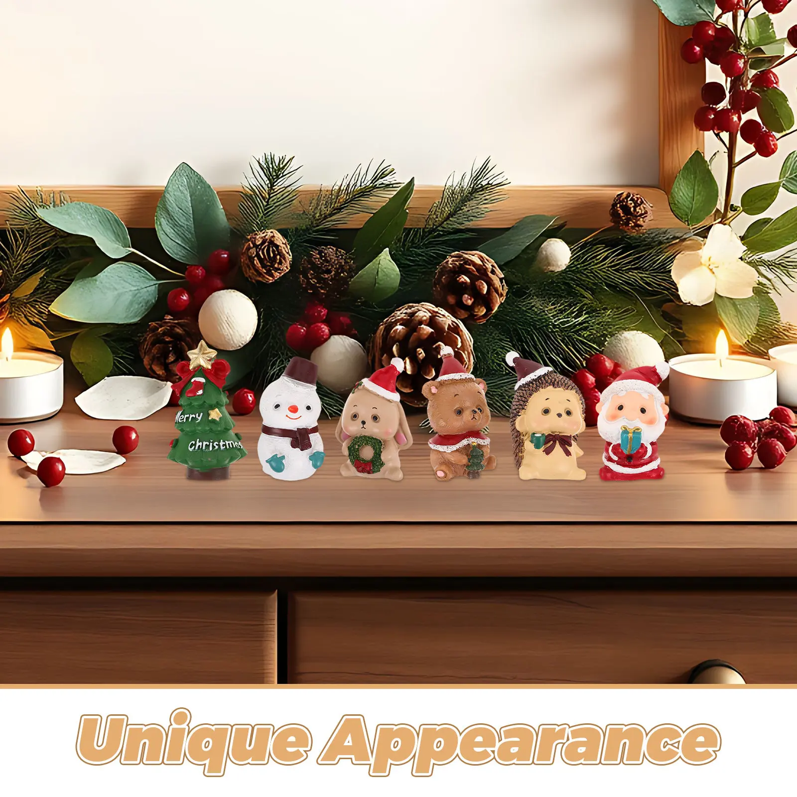 6Pcs Mini Christmas Resin Ornaments Set Snowman Santa Claus Xmas Trees Animals Tiny Winter Decorations for Desktop Shelf
